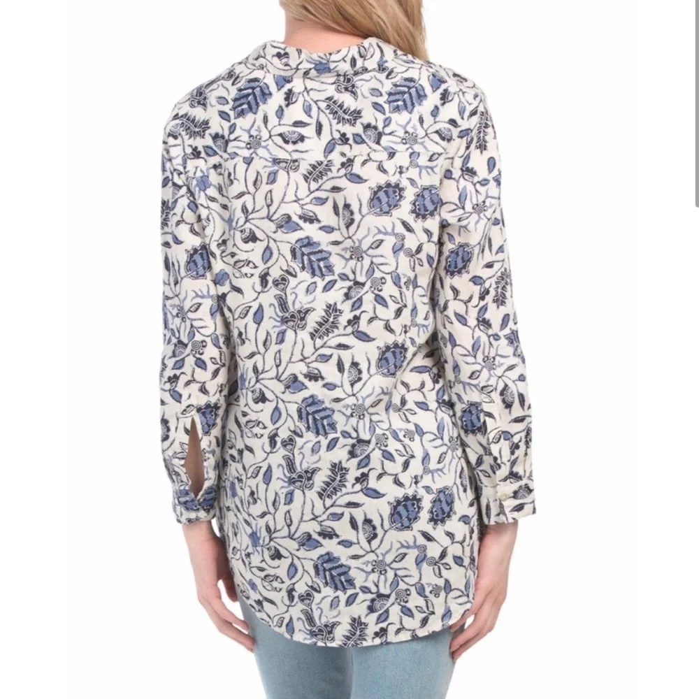 100% Linen Rachel Zoe Blue/Gray Floral Shirt Long Sleeves Roll Tab Buttons Sz M - Picture 4 of 10
